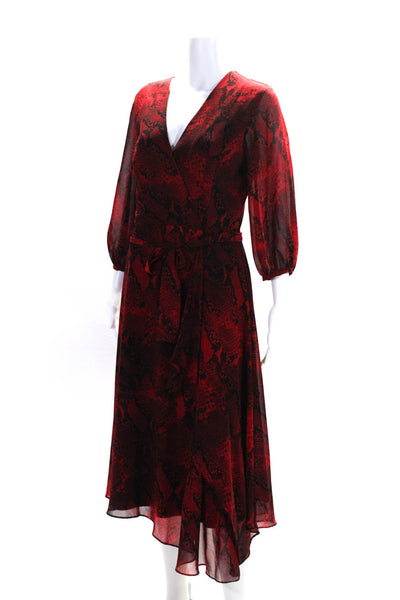 Calvin Klein Womens Snakeskin Print V Neck A Line Dress Red Black Size Medium