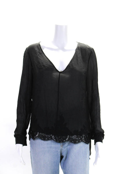 Robert Rodriguez Womens Lace Hem Long Sleeve V Neck Top Blouse Black Size 8