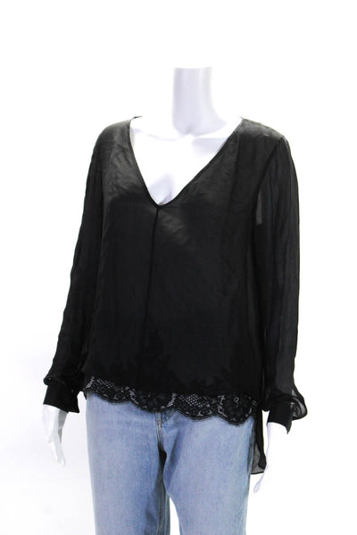 Robert Rodriguez Womens Lace Hem Long Sleeve V Neck Top Blouse Black Size 8