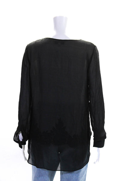 Robert Rodriguez Womens Lace Hem Long Sleeve V Neck Top Blouse Black Size 8