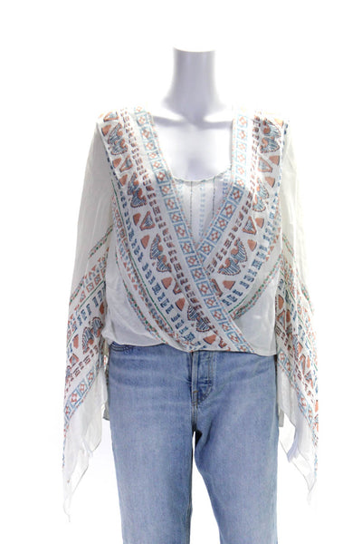 BCBG Max Azria Womens Kasia Flare Sleeve Geometric Top Blouse White Blue Small