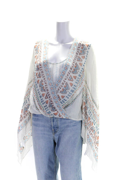 BCBG Max Azria Womens Kasia Flare Sleeve Geometric Top Blouse White Blue Small