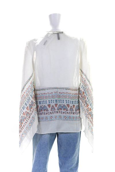 BCBG Max Azria Womens Kasia Flare Sleeve Geometric Top Blouse White Blue Small