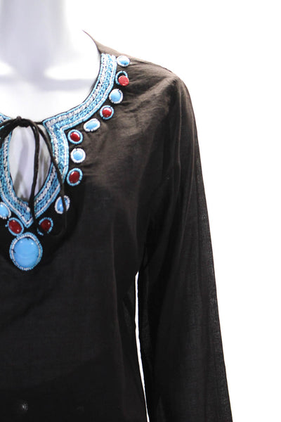 Elan Womens Beaded Embellished Long Sleeve Tunic Blouse Brown Blue Red Small