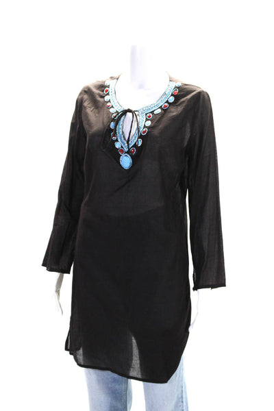 Elan Womens Beaded Embellished Long Sleeve Tunic Blouse Brown Blue Red Small