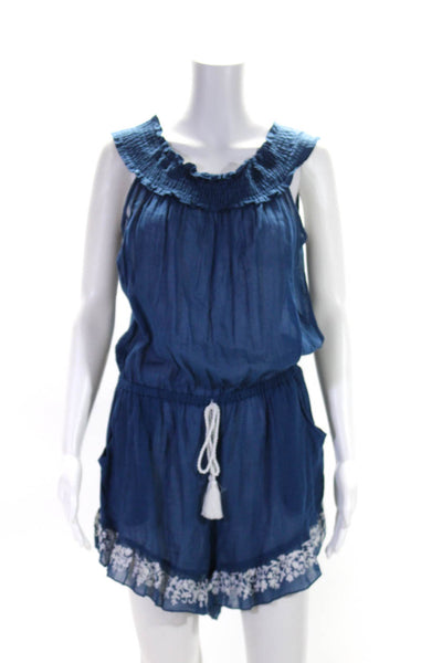 Lucky Brand Womens Off Shoulder Embroidered Ruffle Romper Blue Size Medium