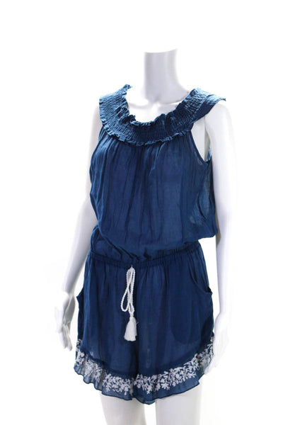 Lucky Brand Womens Off Shoulder Embroidered Ruffle Romper Blue Size Medium