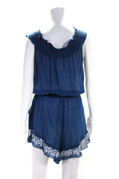 Lucky Brand Womens Off Shoulder Embroidered Ruffle Romper Blue Size Medium