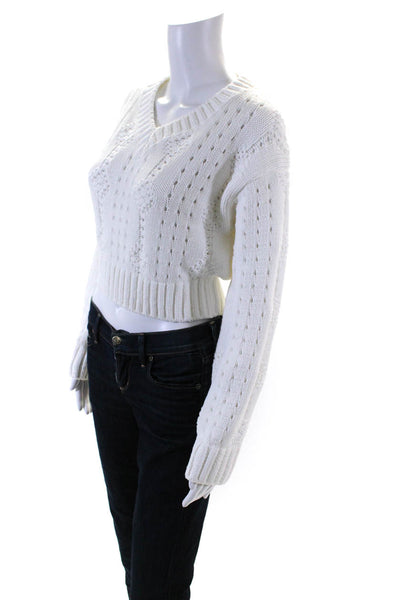 Prada Womens Thick Knit Pointelle V Neck Cropped Pullover Sweater White IT 40