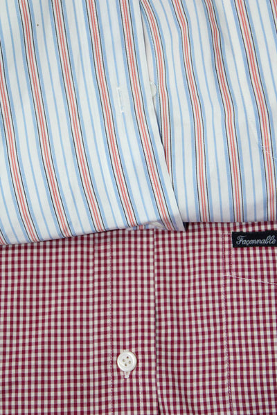 Faconnable Mens Button Front Striped Gingham Shirts Red Blue White Large Lot 2