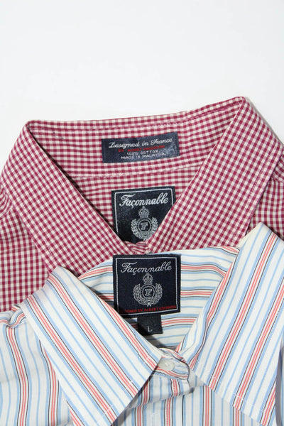 Faconnable Mens Button Front Striped Gingham Shirts Red Blue White Large Lot 2