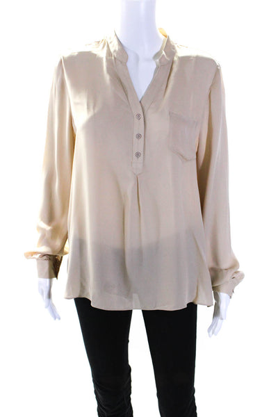 Haute Hippie Womens Long Sleeve V Neck Silk Pocket Shirt Beige Size Large