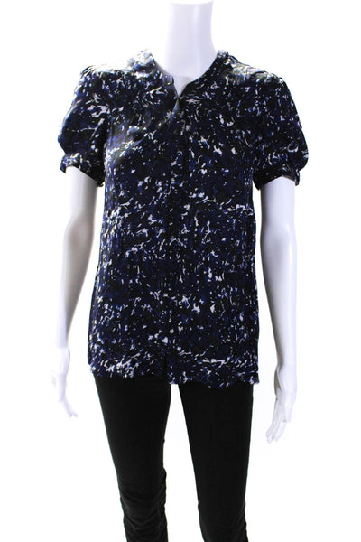 Joie Womens Button Front Short Sleeve Abstract Silk Top Navy White Size Medium