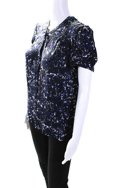 Joie Womens Button Front Short Sleeve Abstract Silk Top Navy White Size Medium