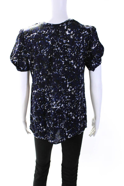 Joie Womens Button Front Short Sleeve Abstract Silk Top Navy White Size Medium