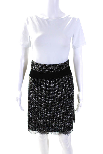 YaYa Womens Side Zip Faux Suede Trim Tweed Lace Trim Skirt Black White Medium