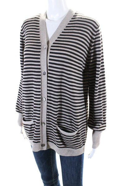 6397 Womens Merino Wool Striped Print Buttoned V-Neck Cardigan Brown Size L