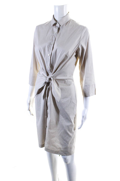 Le Civette Womens Cotton 3/4 Sleeve Tie Front Unlined Shirt Dress Beige Size 42