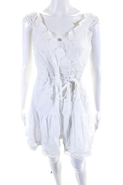 Free People Women's V-Neck Sleeveless Lace Trim Tiered Mini Dress White Size 10