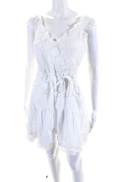 Free People Women's V-Neck Sleeveless Lace Trim Tiered Mini Dress White Size 10