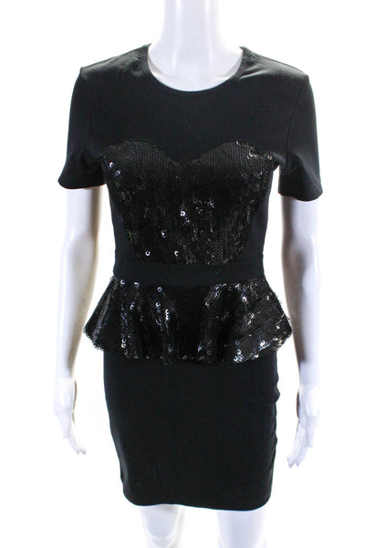 Markus Lupfer Women's Short Sleeves Sequin Peplum Mini Dress Black Size S