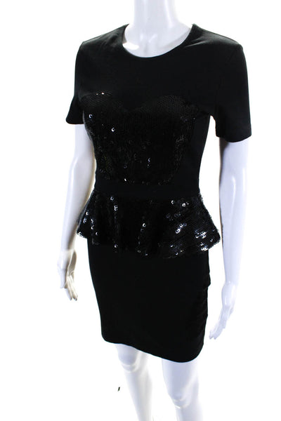 Markus Lupfer Women's Short Sleeves Sequin Peplum Mini Dress Black Size S