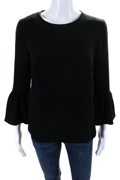 Charlotte Brody Womens Round Neck Flounce Long Sleeve Zip Blouse Black Size XS