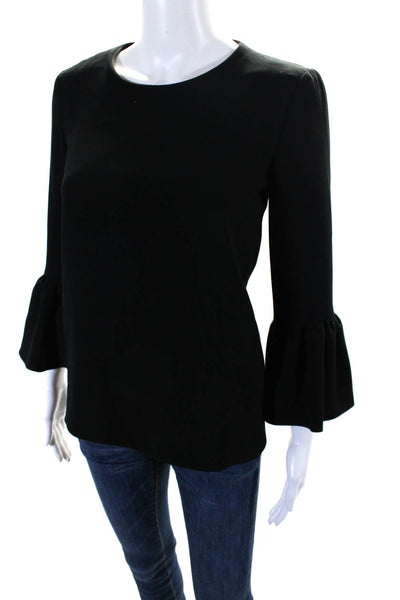 Charlotte Brody Womens Round Neck Flounce Long Sleeve Zip Blouse Black Size XS