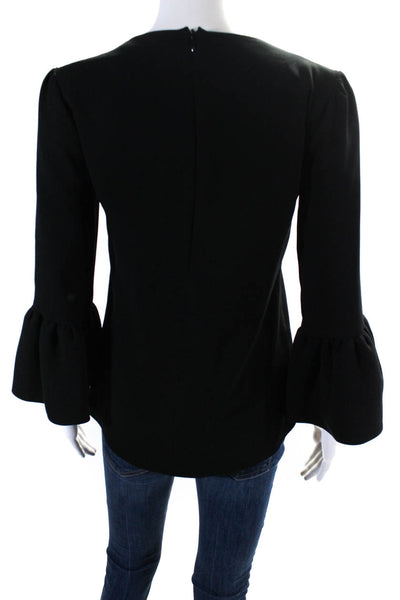 Charlotte Brody Womens Round Neck Flounce Long Sleeve Zip Blouse Black Size XS