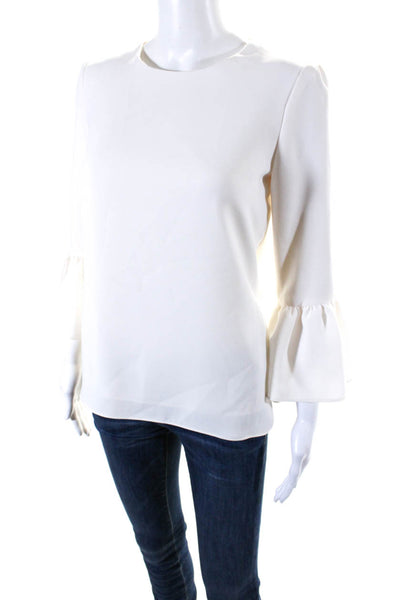 Charlotte Brody Womens Round Neck Flounce Long Sleeve Blouse White Size XS