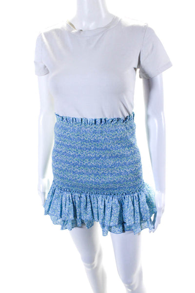 Love Shack Fancy Womens Smocked Mini Skirt Blue Green Cotton Size Small