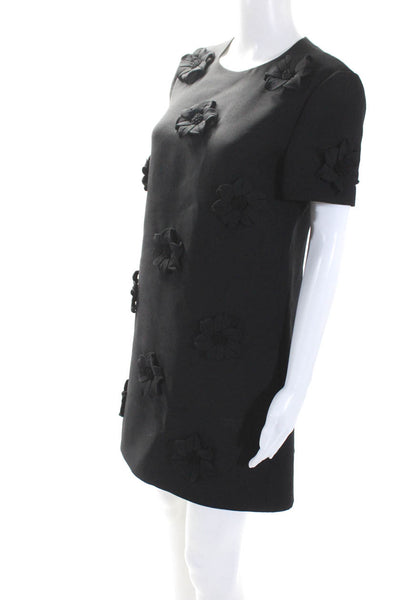 Valentino Womens Back Zip Short Sleeve Floral Shift Dress Black Wool Size IT 42