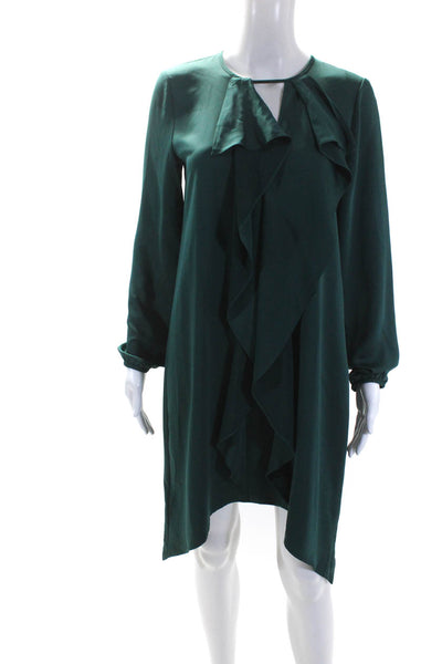 BCBGMAXAZRIA Womens Satin Ruffled Keyhole Long Sleeve Shift Dress Green Size S