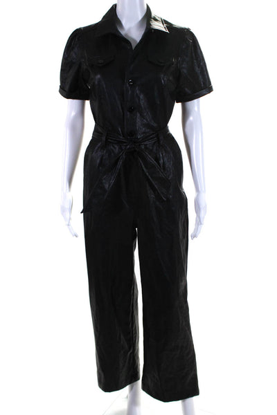 Paige Womens Vegan Leather Button Up Collared Wide Leg Jumpsuit Black Size 2