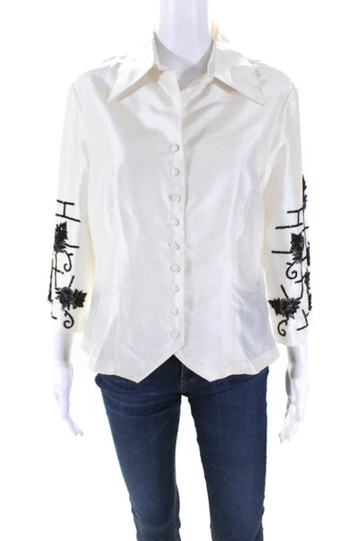 Marisa Baratelli Womens Thai Silk Beaded Sleeve Button Down Shirt White Size 10