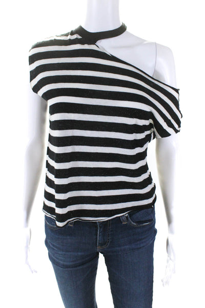 R+A Womens Cold One Shoulder Striped Boxy Top Shirt White Black Cotton Size XS