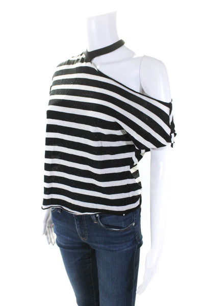 R+A Womens Cold One Shoulder Striped Boxy Top Shirt White Black Cotton Size XS