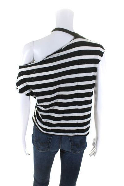 R+A Womens Cold One Shoulder Striped Boxy Top Shirt White Black Cotton Size XS