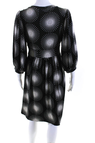 Tibi Womens Silk Sun Rays Print V Neck A Line Dress Black White Size Medium