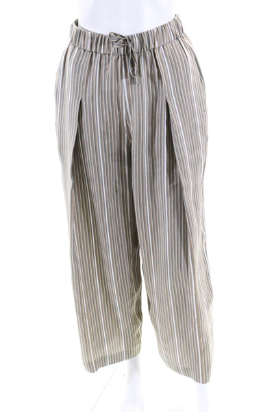 Loewe Womens Elastic Waist Striped Satin Wide Leg Pants Beige Gray Size Small