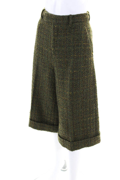 Gucci Womens High Waist Tweed Cropped Wide Leg Culottes Pants Green Size IT 40