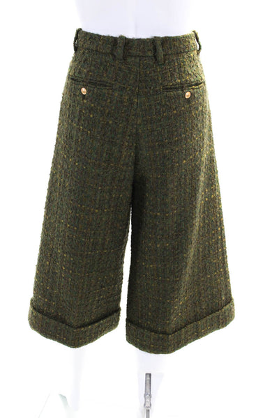 Gucci Womens High Waist Tweed Cropped Wide Leg Culottes Pants Green Size IT 40
