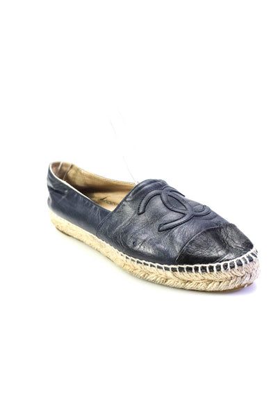 Chanel Womens Cap Toe CC Espadrilles Loafers Navy Black Leather Size 39