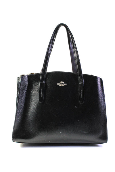 Coach Womens Double Handle Open Top Logo Medium Tote Handbag Black Leather