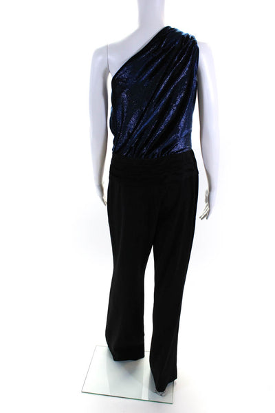 Ramy Brook Womens Metallic Pleated Zip Up One Shoulder Jumpsuit Navy Size 8