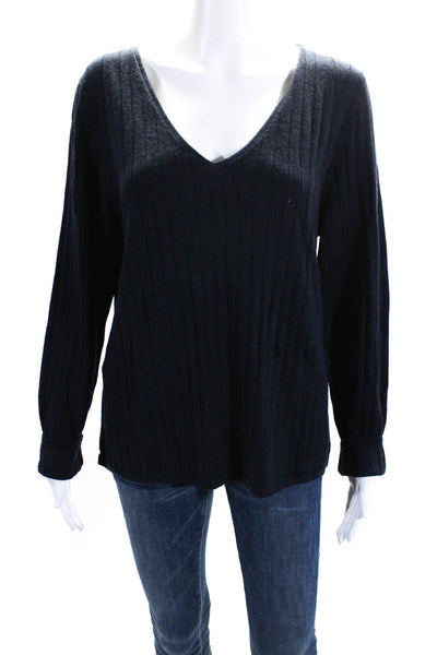 BR Womens Wool Knit Ribbed V-Neck Long Sleeve Pullover Sweater Top Navy Size XL