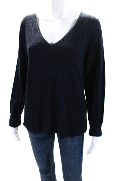 BR Womens Wool Knit Ribbed V-Neck Long Sleeve Pullover Sweater Top Navy Size XL