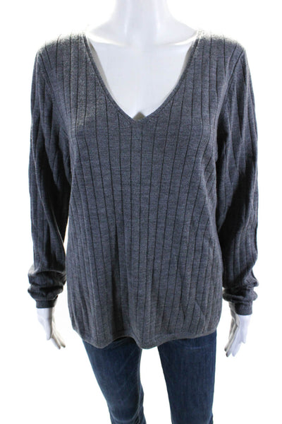 BR Womens Wool Knit Ribbed V-Neck Long Sleeve Pullover Sweater Top Gray Size XL