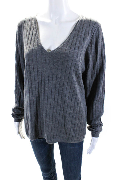 BR Womens Wool Knit Ribbed V-Neck Long Sleeve Pullover Sweater Top Gray Size XL