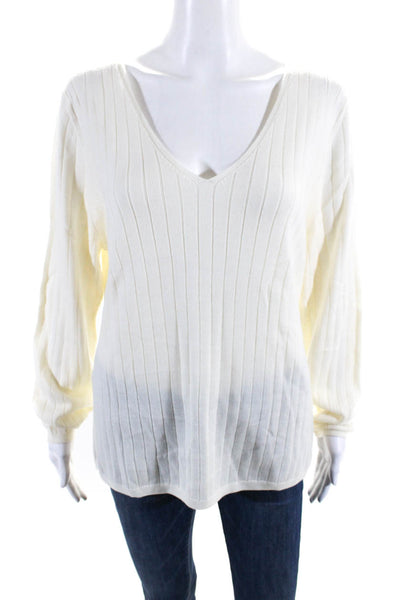 BR Womens Wool Knit Ribbed V-Neck Long Sleeve Pullover Top Beige Size L